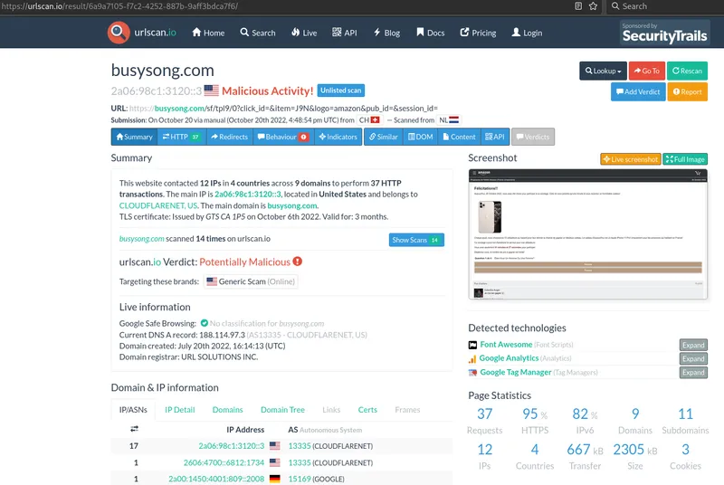 Urlscan.io result confirming phishing